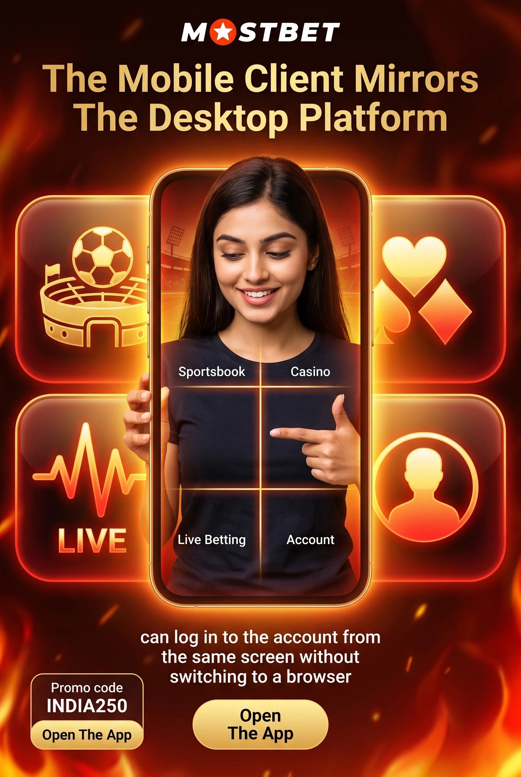 Sports, casino and live sections inside the Mostbet mobile client